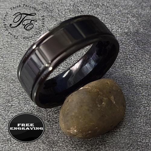 Custom Engraved Men's Black Promise Ring - Black Square Grooves Stainless Steel