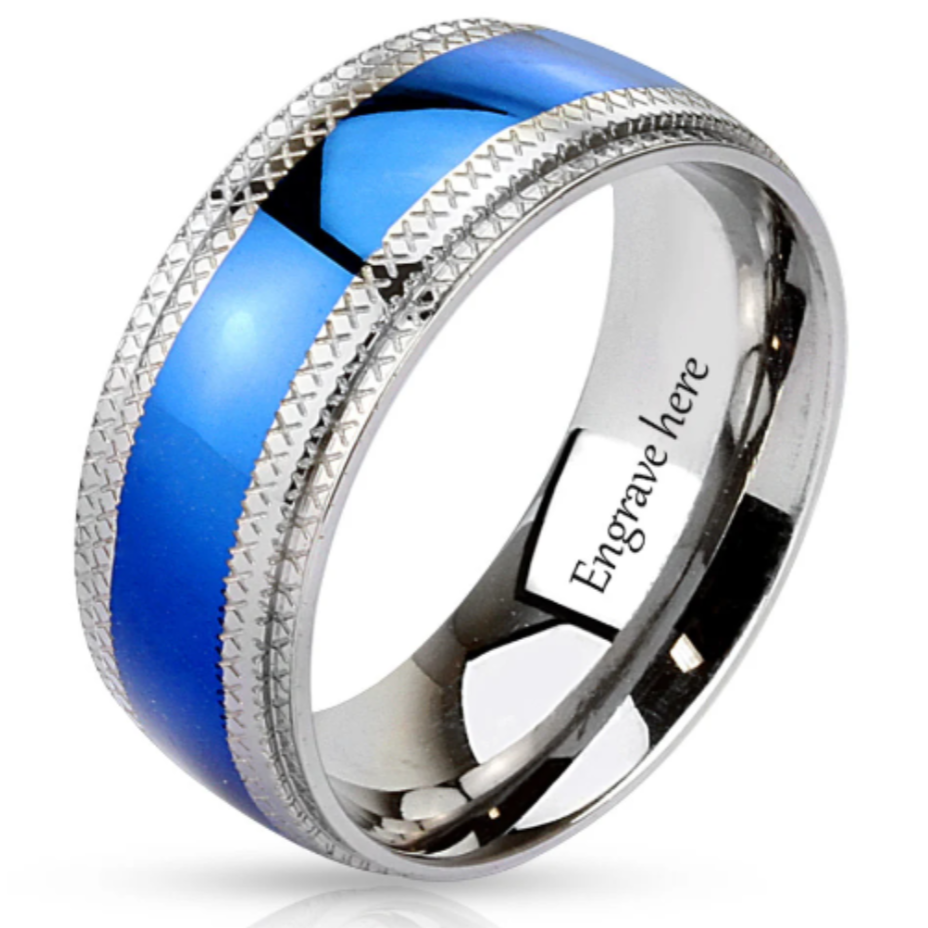Custom Engraved Men's Blue Promise Ring - Personalized Promise Ring For Guys