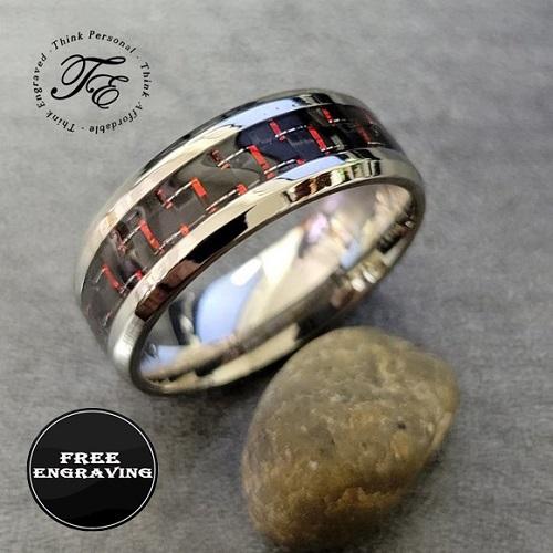 Men's Engraved Red and Black Carbon Fiber Promise Ring - Guy's Personalized Promise Ring