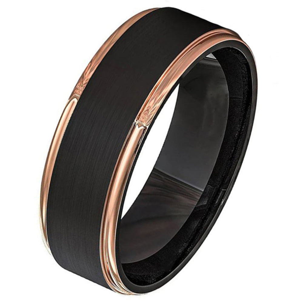 Men's Personalized Black and Rose Gold Wedding Ring Rose Gold Edges