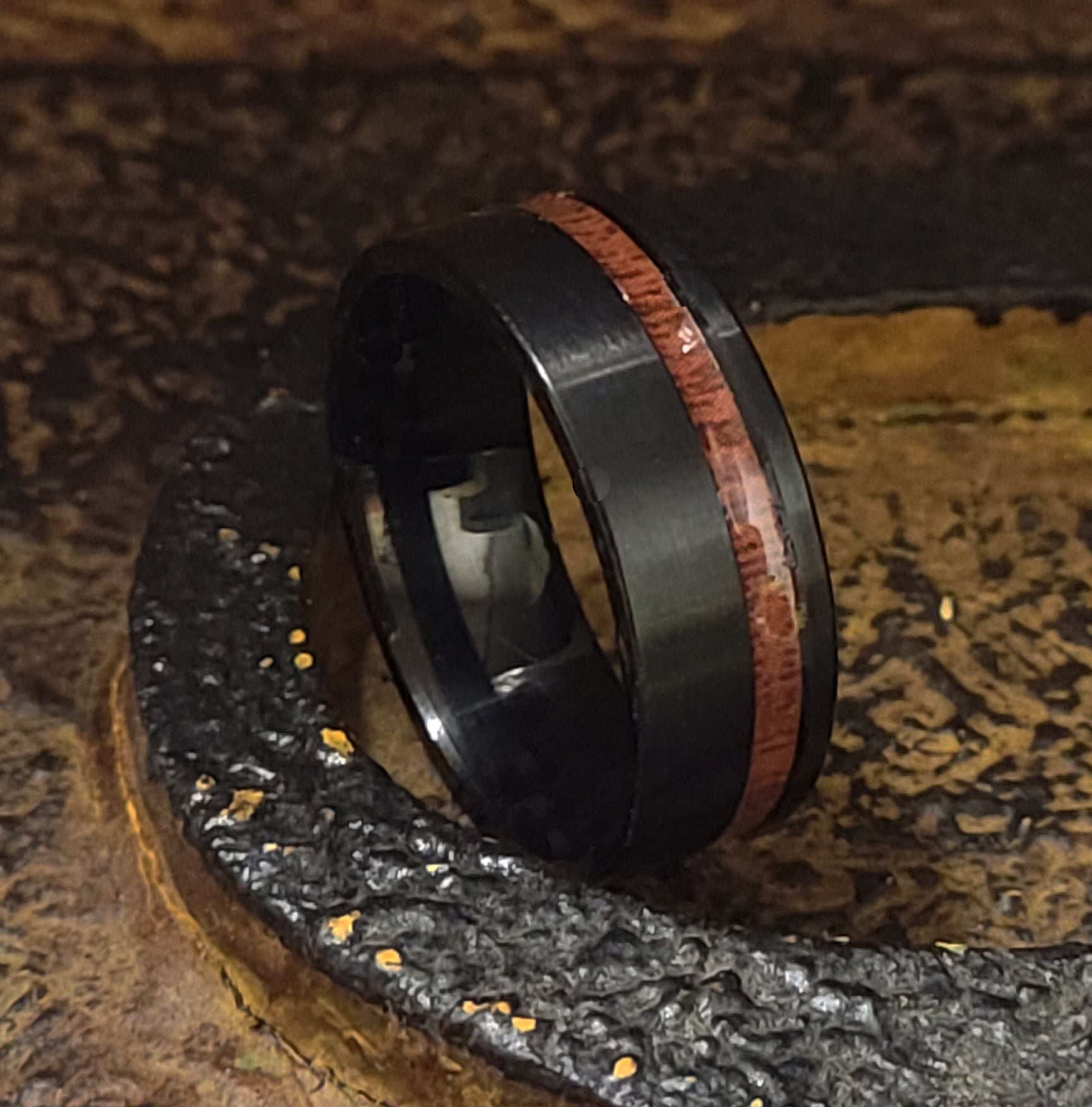 Men's Personalized Black Promise Ring With Koa Wood Inlay
