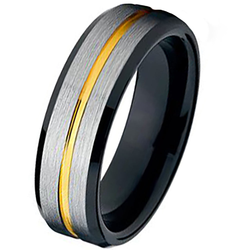 Men's Personalized Silver and Black Wedding Ring With Gold Filled Groove