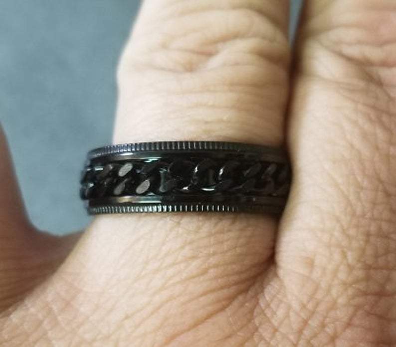 Personalized Men's Black Chain Spinner Ring - Engraved Handwriting Ring