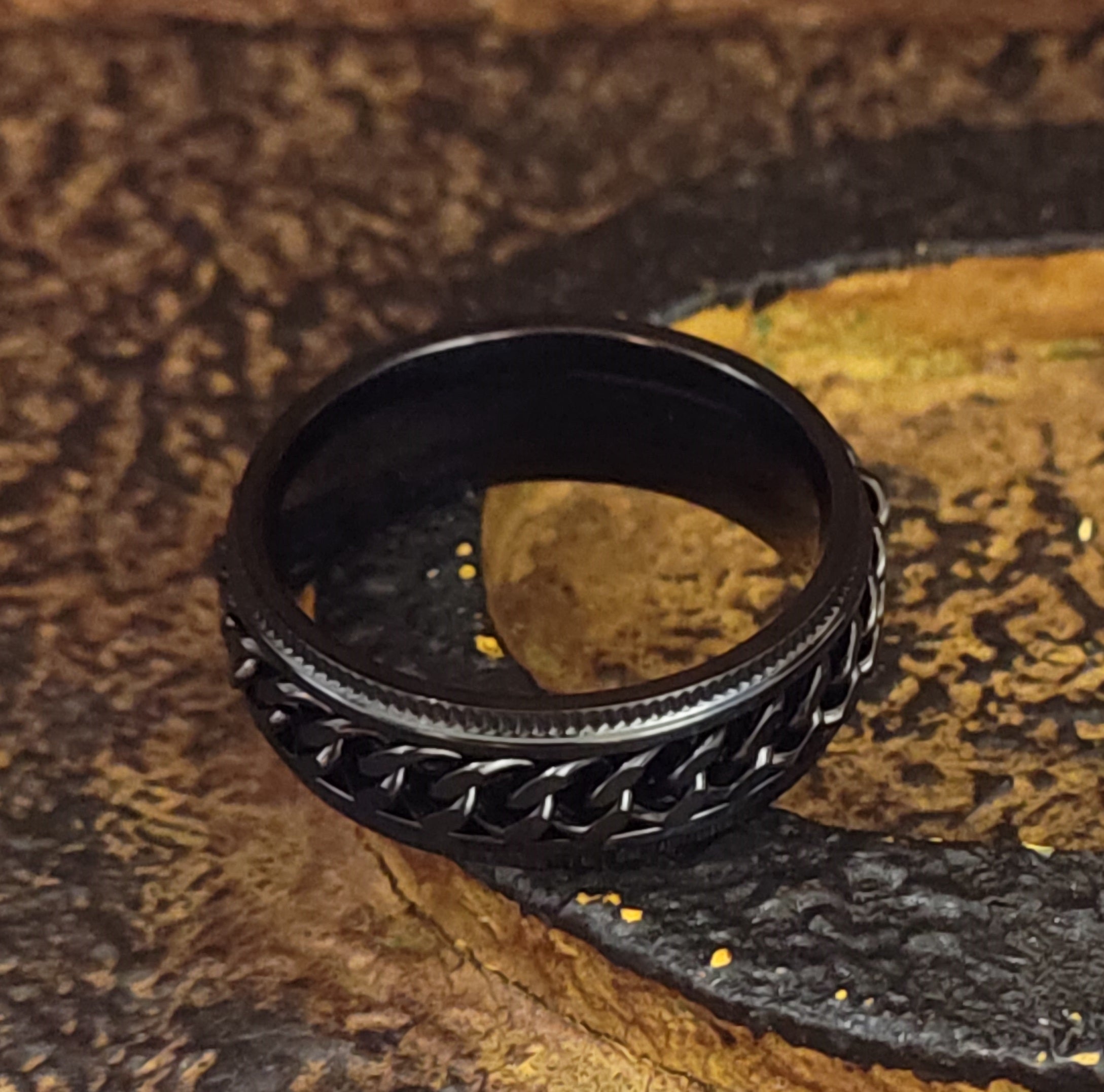 Personalized Men's Black Chain Spinner Ring - Engraved Handwriting Ring