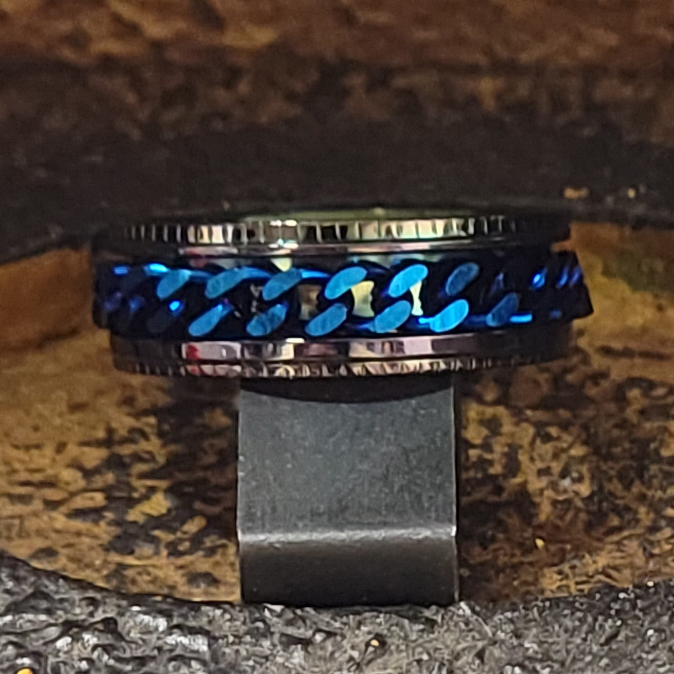 Personalized Men's Promise Ring - Black and Blue Chain Spinner Ring