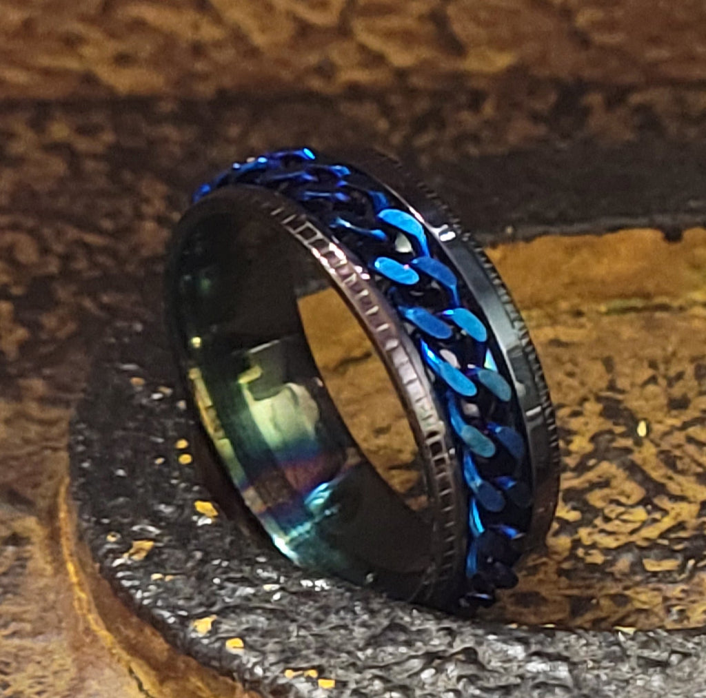 Personalized Men's Promise Ring - Black and Blue Chain Spinner Ring