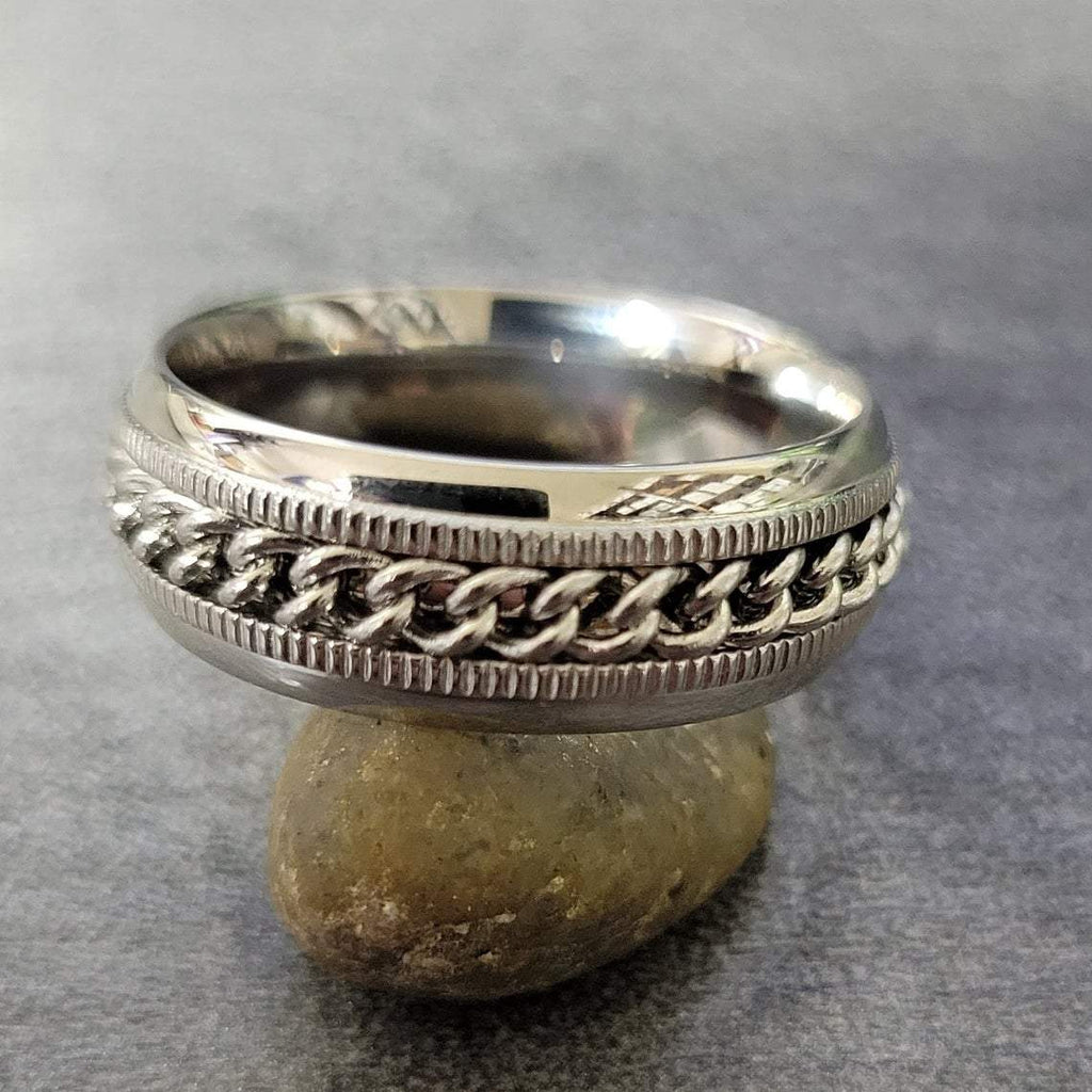Personalized Men's Promise Ring - Silver Chain Spinner Stainless Steel