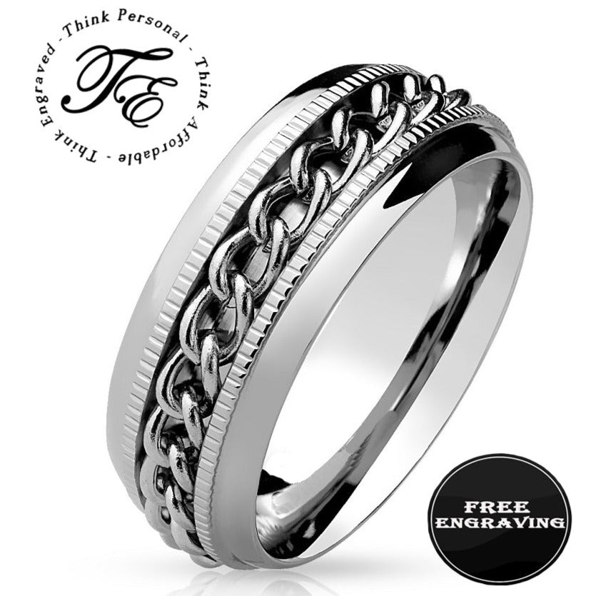 Personalized Men's Promise Ring - Silver Chain Spinner Stainless Steel