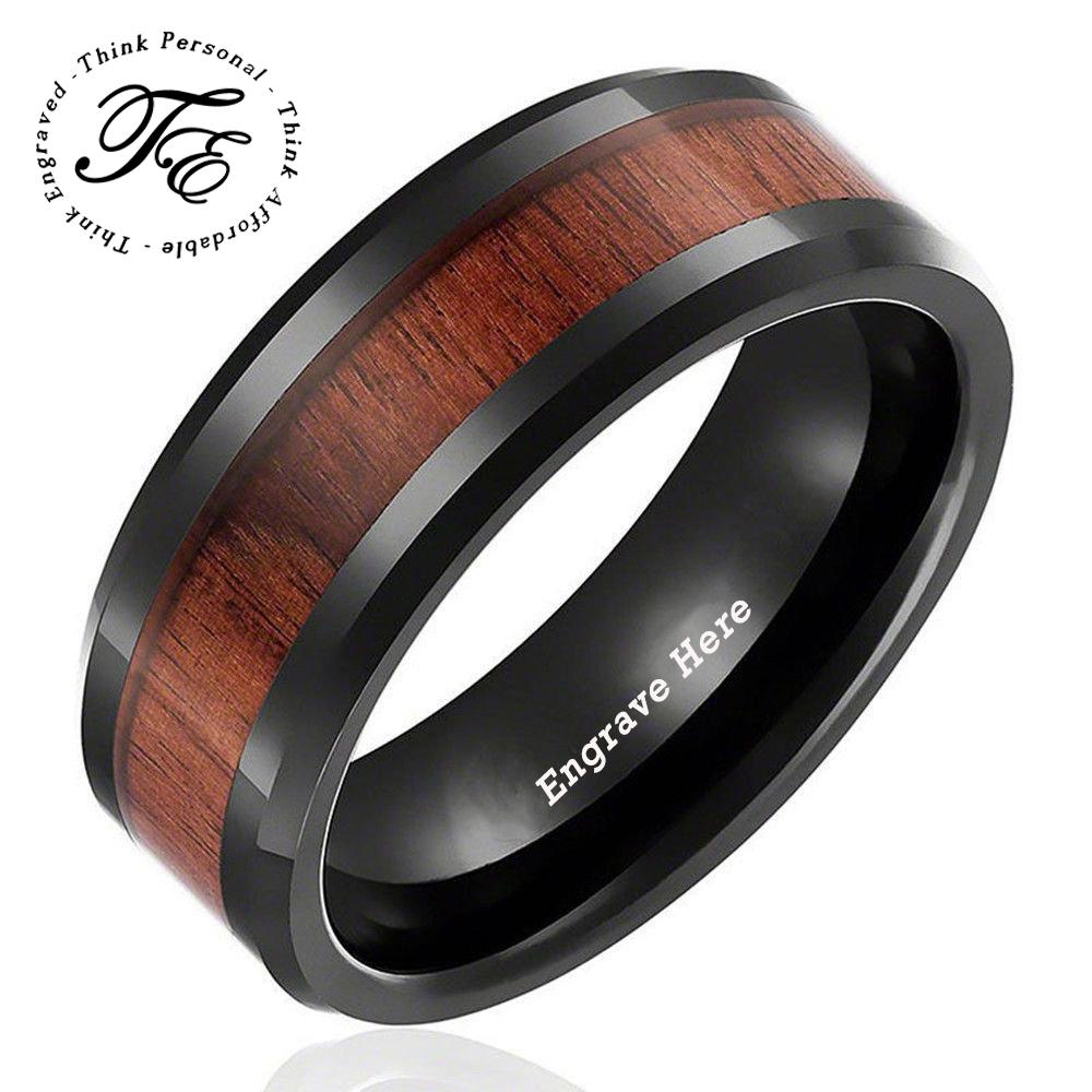 Personalized Men's Wedding Band - Black With Wood Inlay Stainless Steel