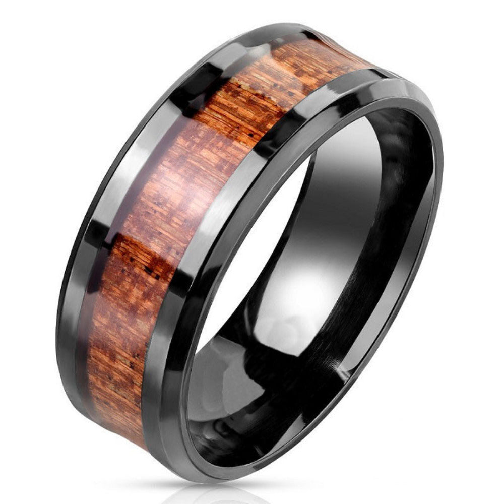 Personalized Men's Wedding Band - Black With Wood Inlay Stainless Steel