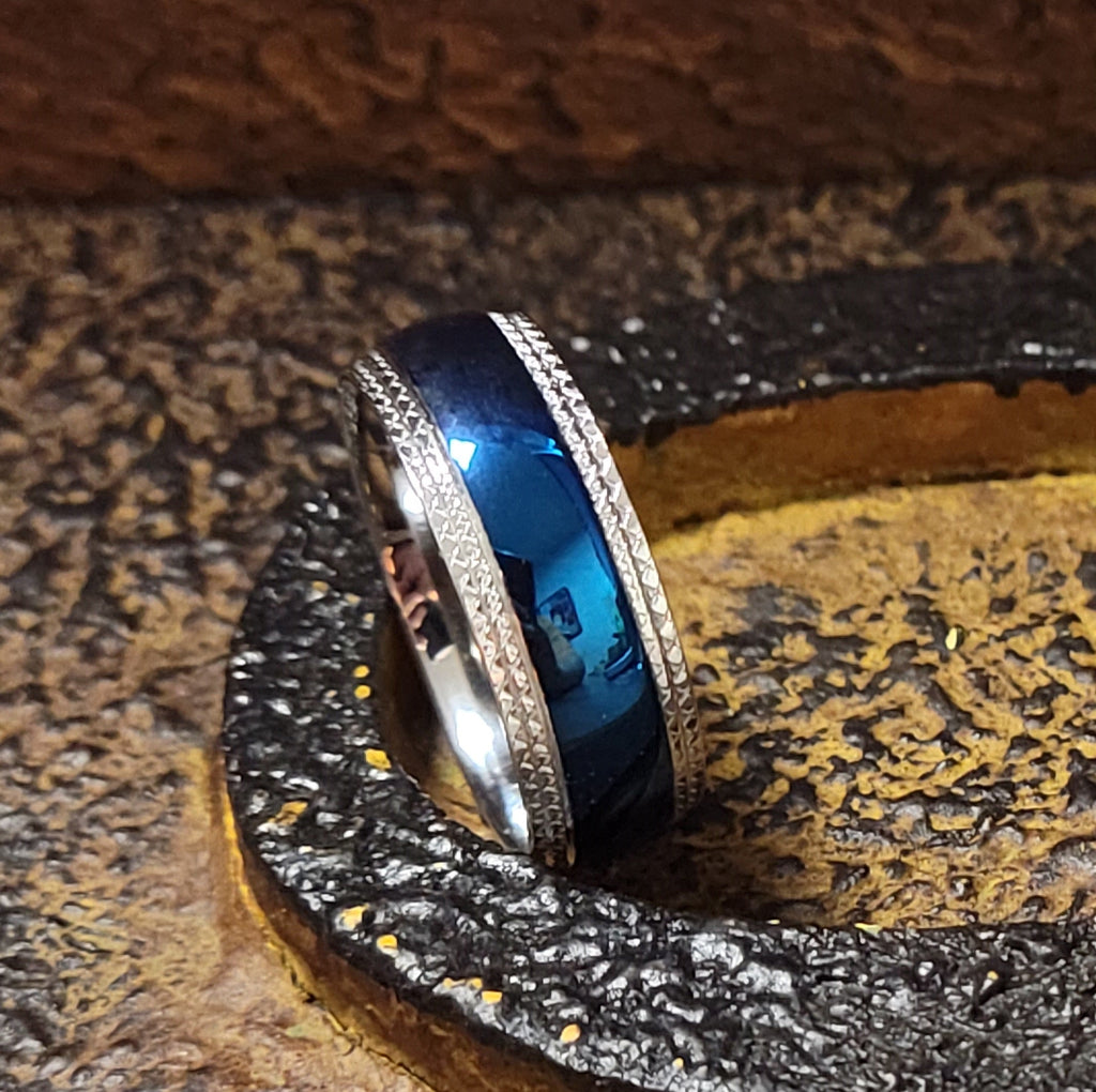Custom Engraved Man's Blue Wedding Ring - Personalized wedding Ring For Guys