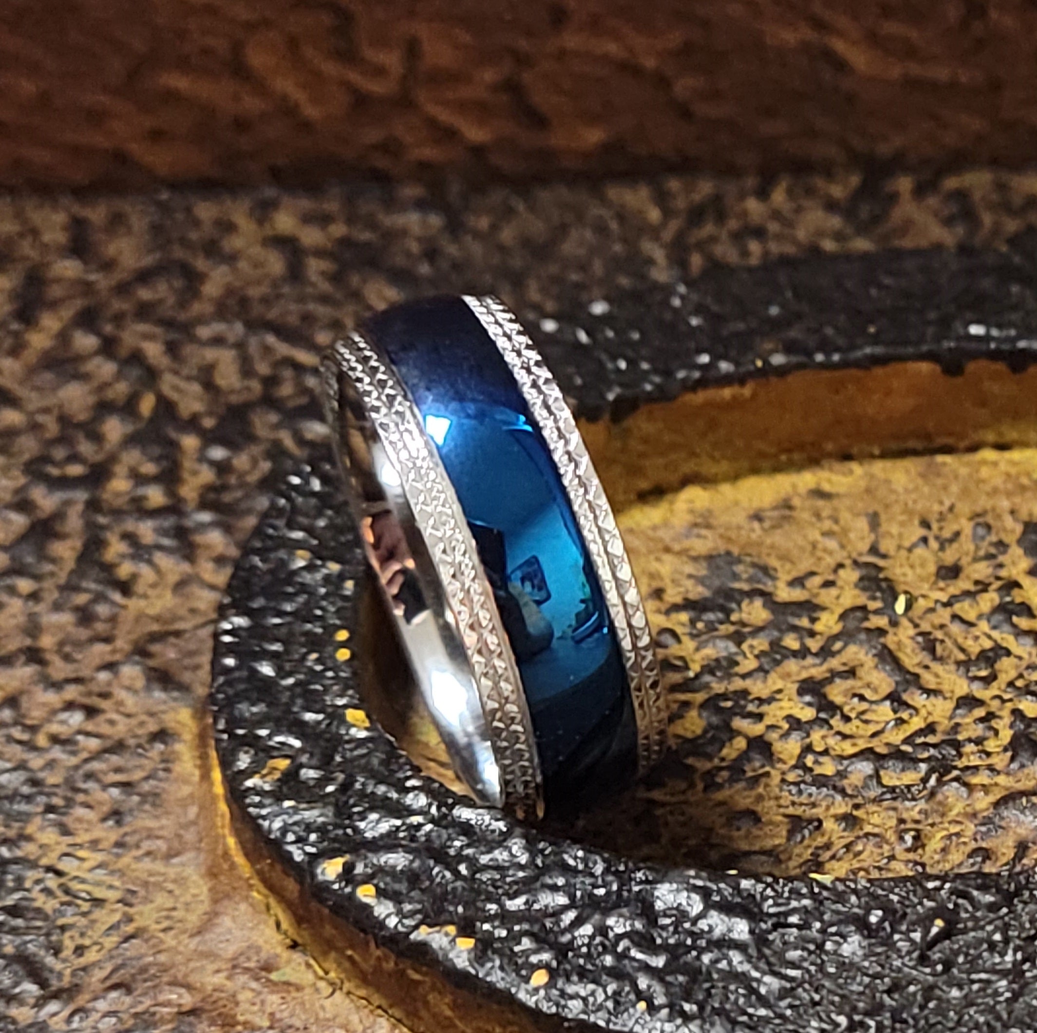 Custom Engraved Man's Blue Wedding Ring - Personalized wedding Ring For Guys