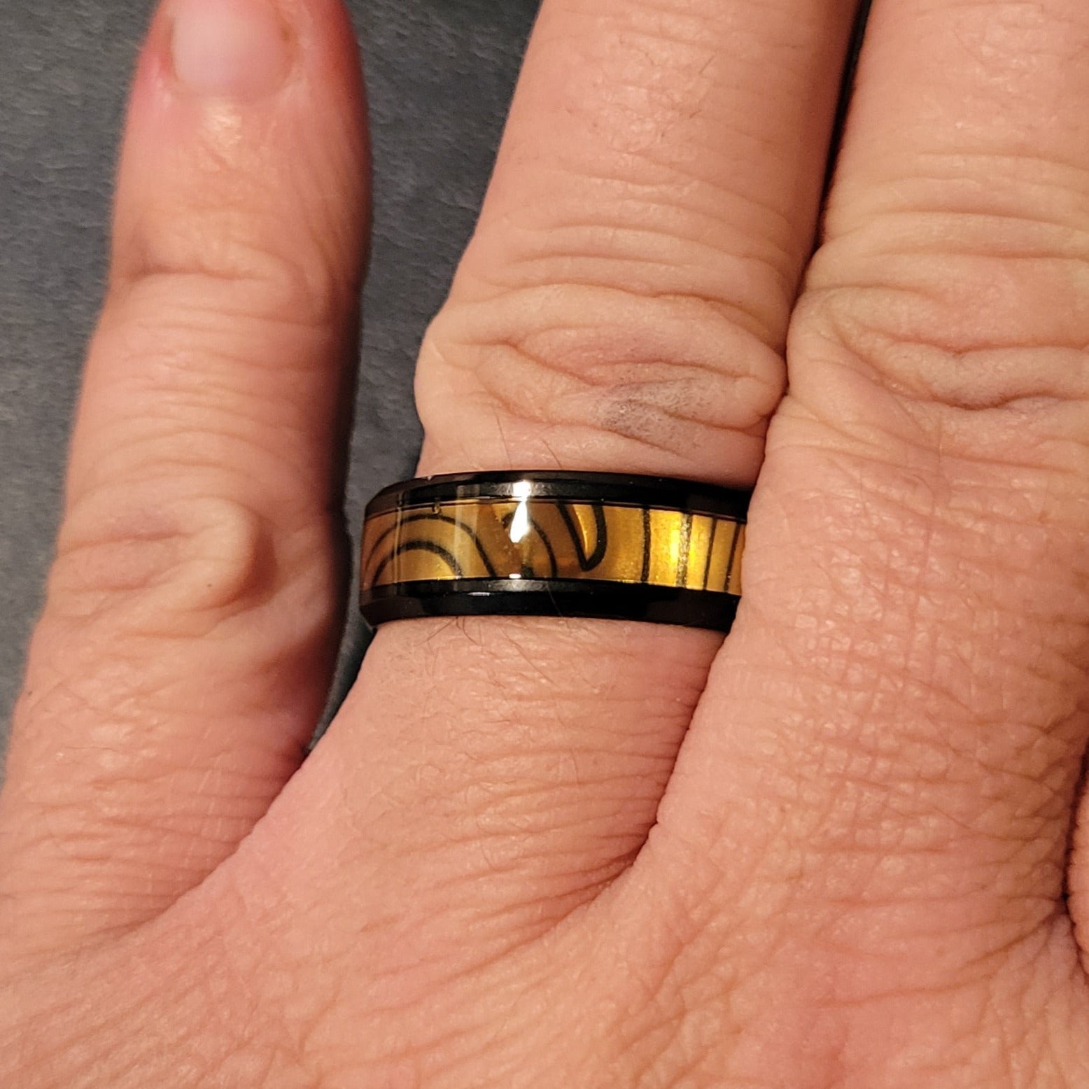 Custom Engraved Men's Tiger's Eye Opal Wedding Ring - Guy's Handwriting Ring