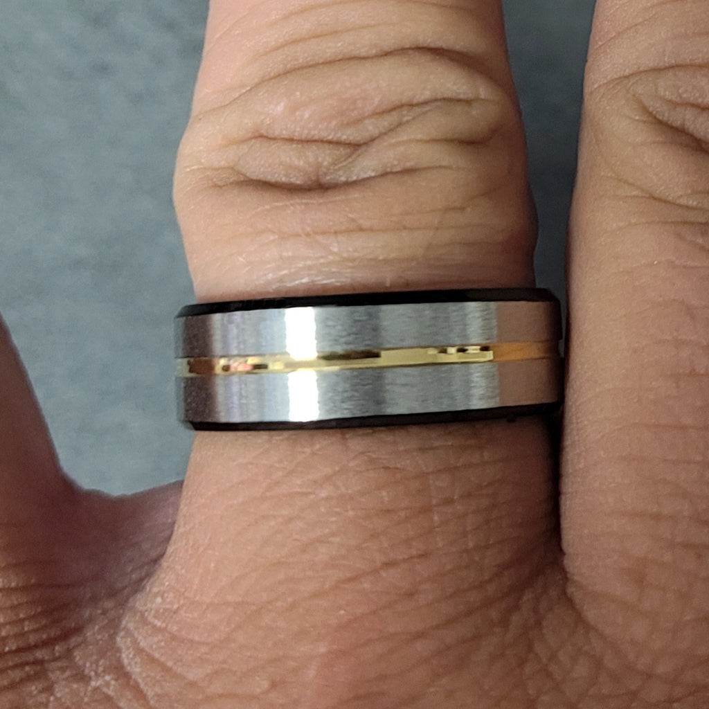 Men's Personalized Silver and Black Wedding Ring With Gold Filled Groove