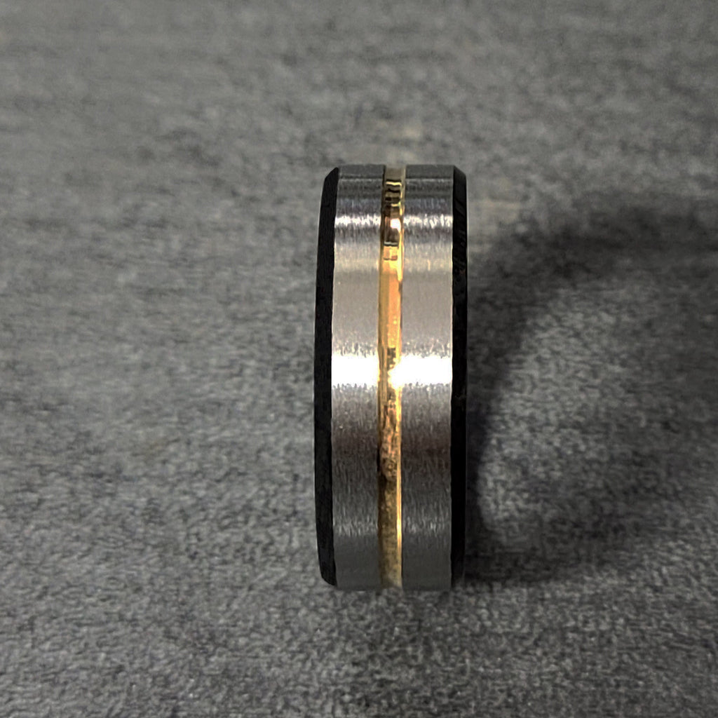 Men's Personalized Silver and Black Wedding Ring With Gold Filled Groove