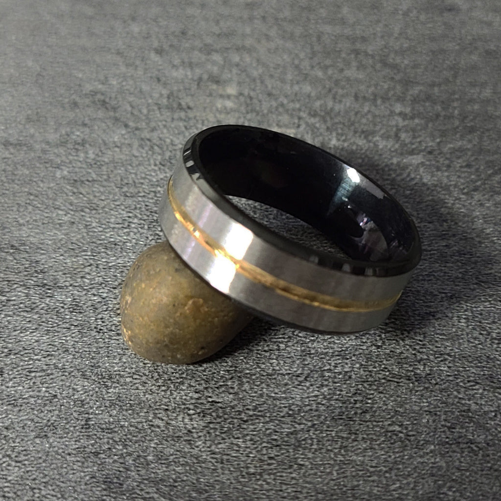 Men's Personalized Silver and Black Wedding Ring With Gold Filled Groove