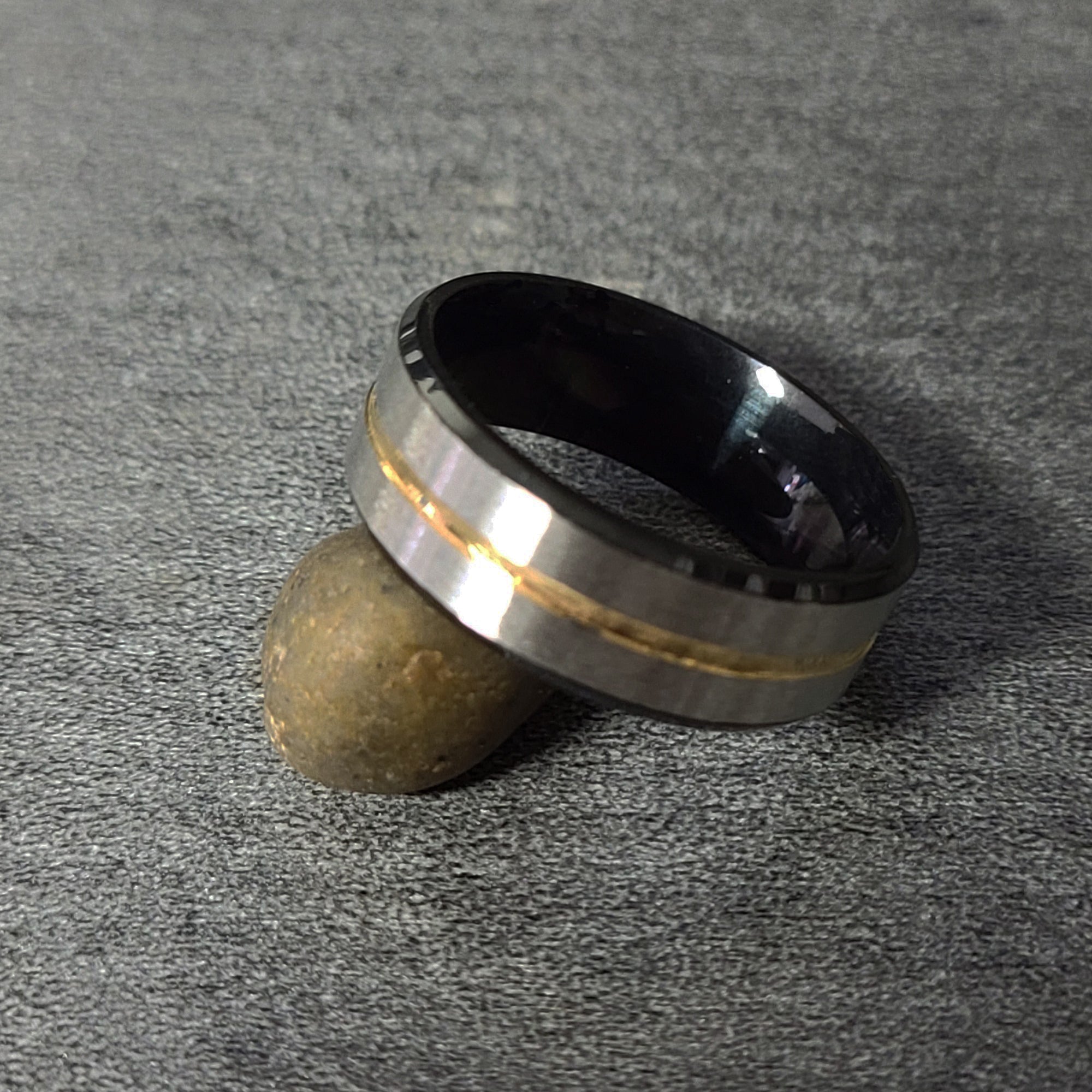 Men's Personalized Silver and Black Wedding Ring With Gold Filled Groove
