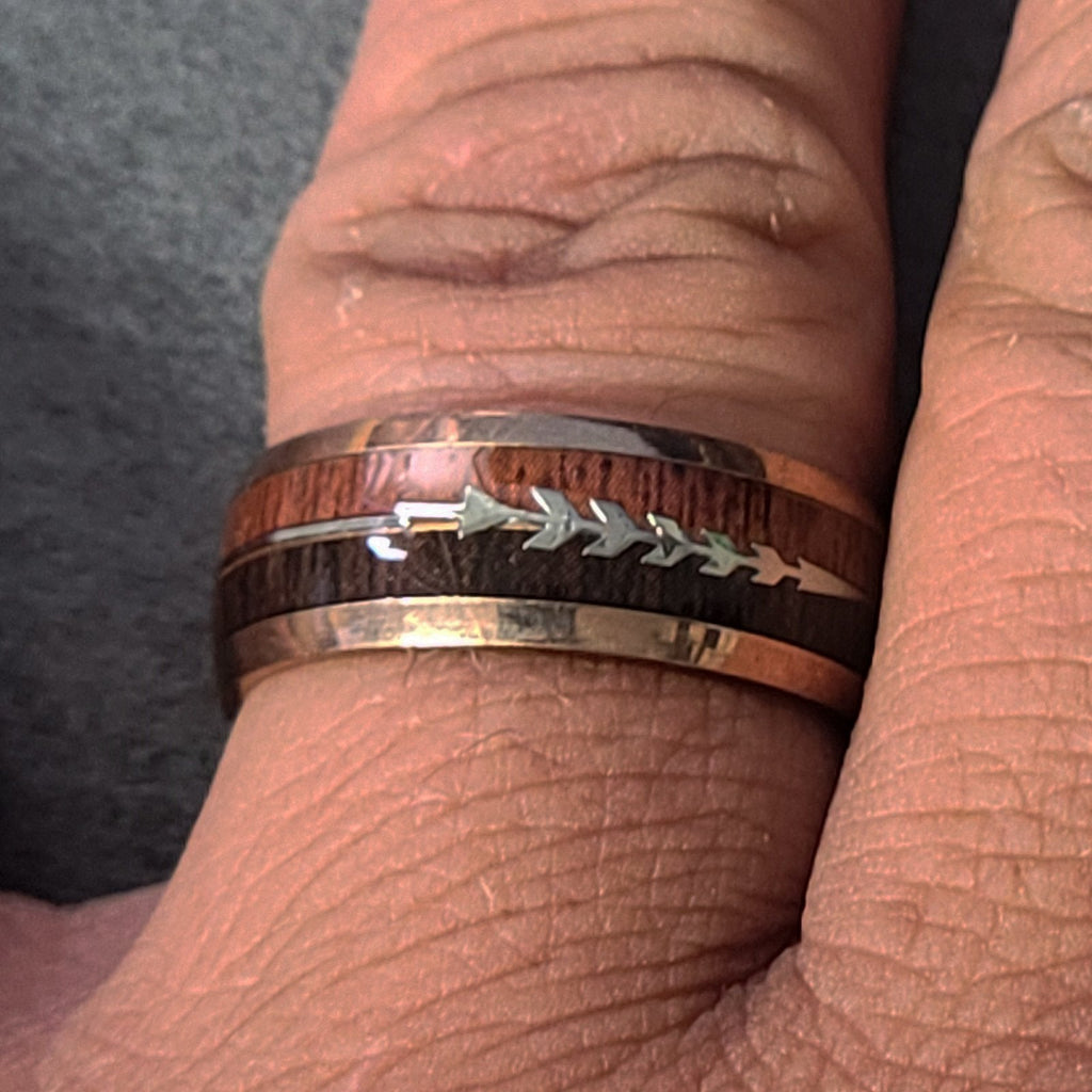 Mens Personalized Rose Gold Wedding Ring African Wood and Koa Wood