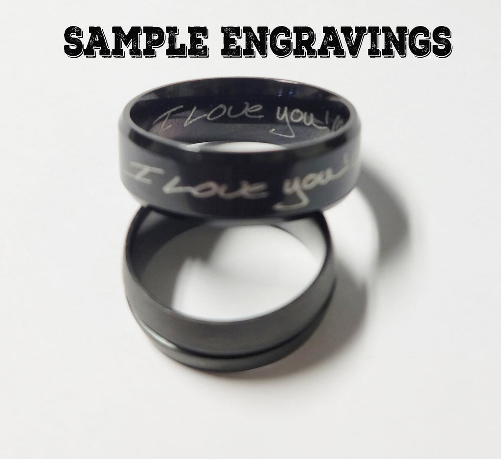 Engraved Men's Matte Black Wedding Ring - Engraved Hand Writing Ring