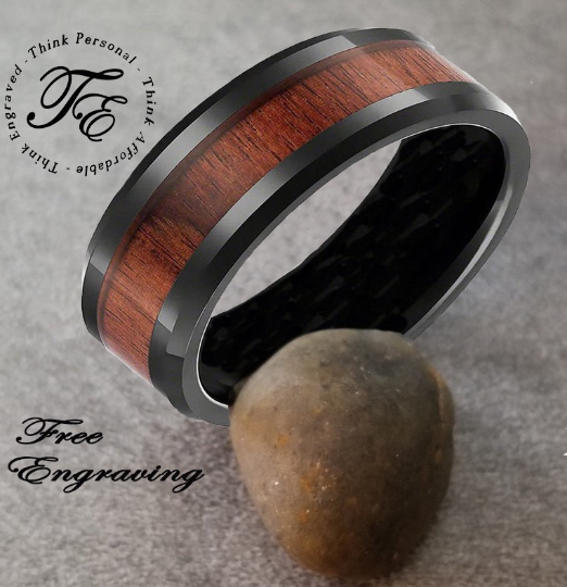 Personalized Men's Wedding Band - Black With Wood Inlay Stainless Steel