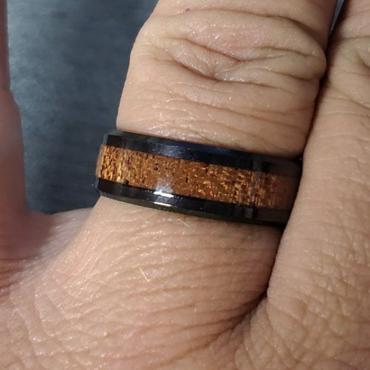Personalized Men's Wedding Band - Black With Wood Inlay Stainless Steel
