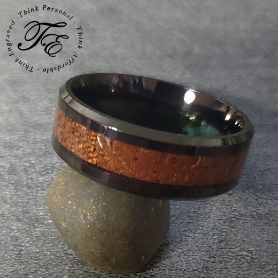 Personalized Men's Wedding Band - Black With Wood Inlay Stainless Steel