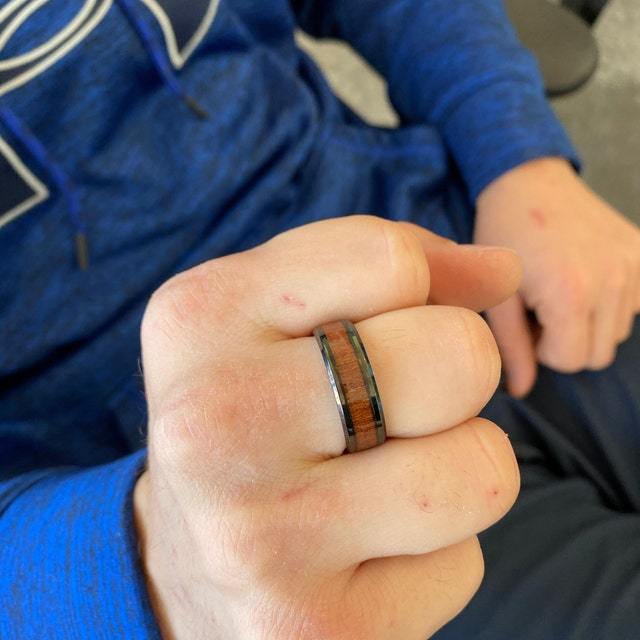 Personalized Men's Wedding Band - Black With Wood Inlay Stainless Steel