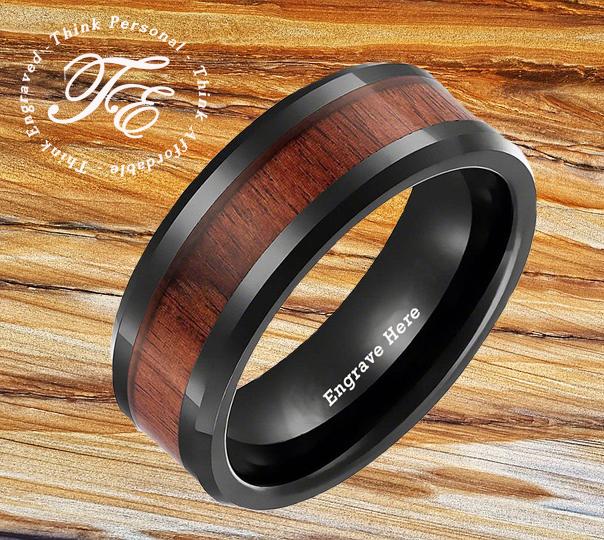 Personalized Men's Wedding Band - Black With Wood Inlay Stainless Steel