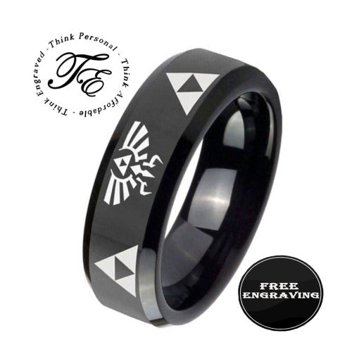 Personalized Engraved Men's Black Zelda Tri Force Wedding Ring