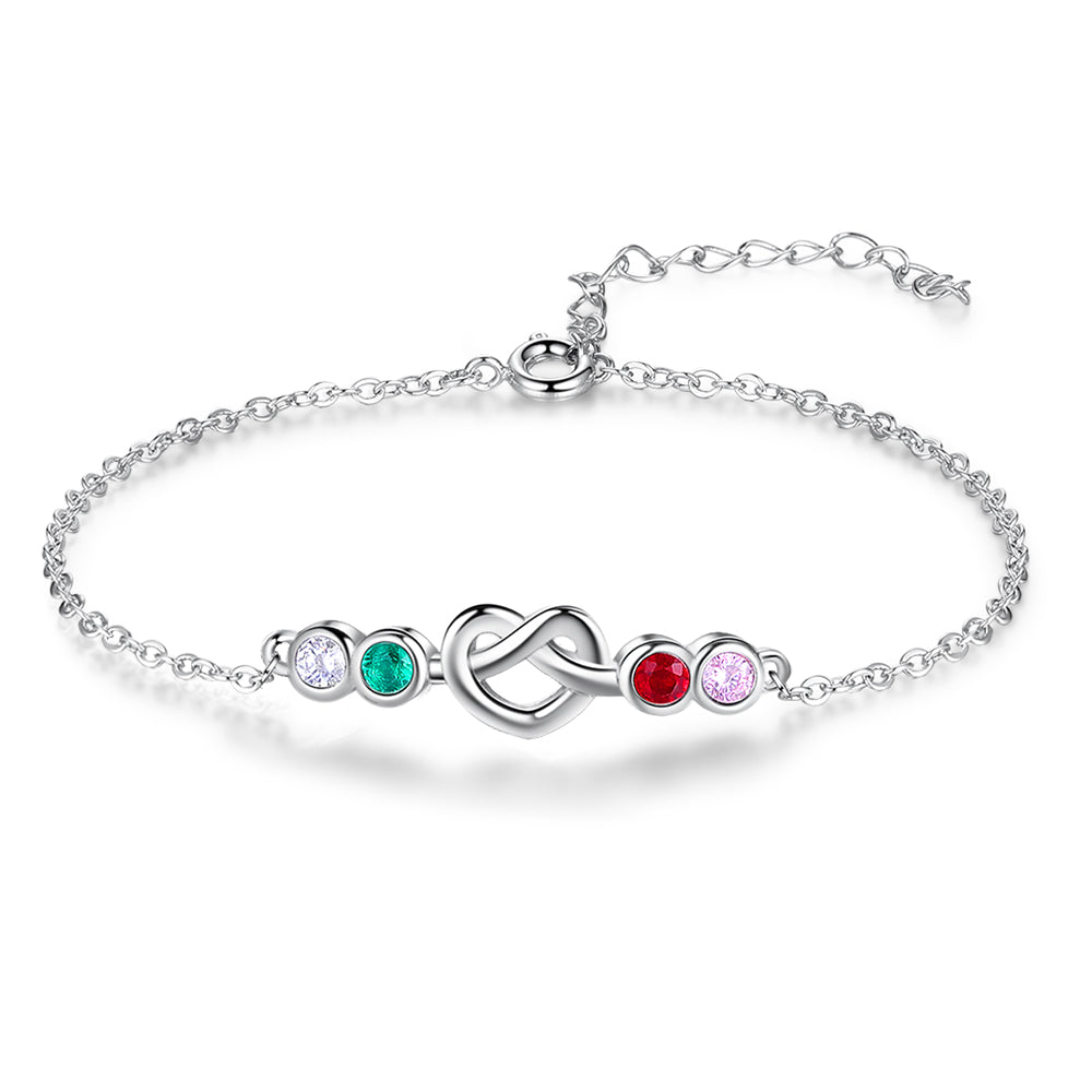 4 Birthstone Silver Heart Knot Mother's Bracelet - 4 Stone Mom Bracelet
