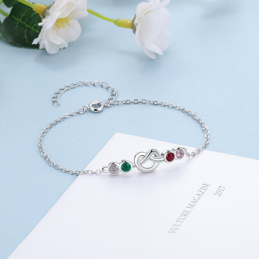 4 Birthstone Silver Heart Knot Mother's Bracelet - 4 Stone Mom Bracelet