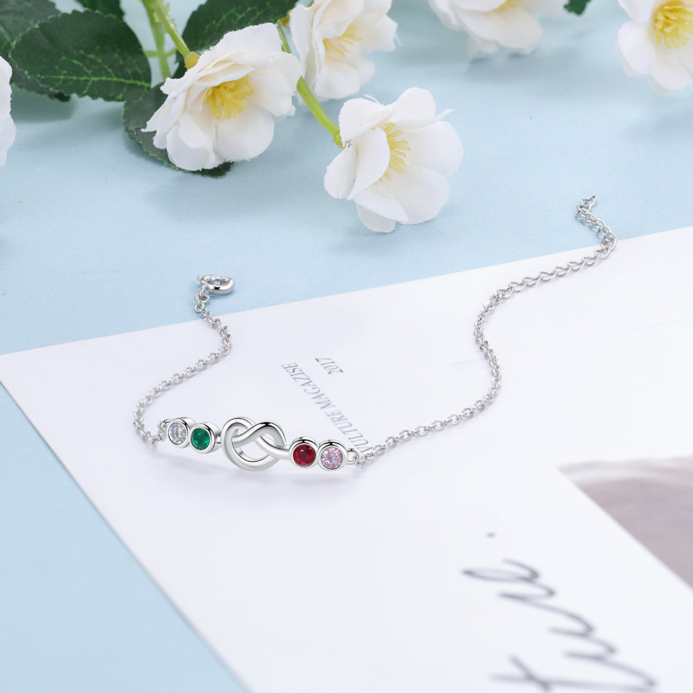 4 Birthstone Silver Heart Knot Mother's Bracelet - 4 Stone Mom Bracelet