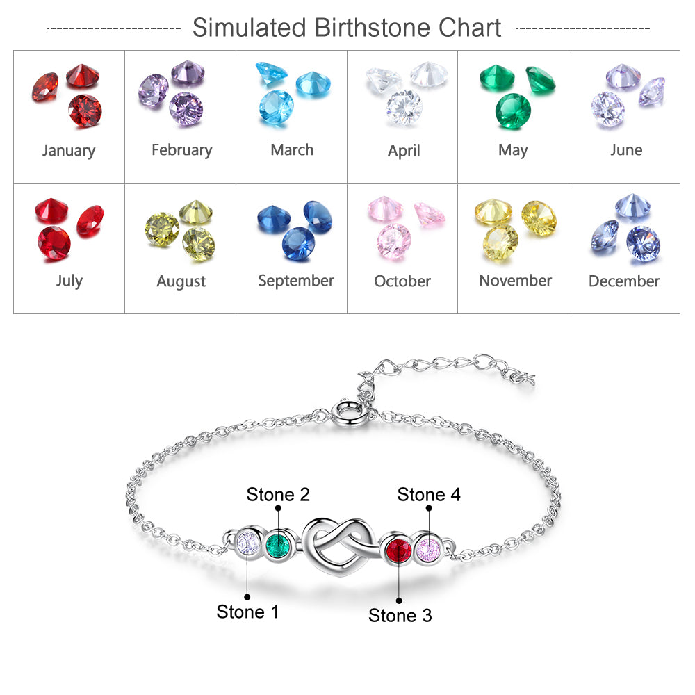 4 Birthstone Silver Heart Knot Mother's Bracelet - 4 Stone Mom Bracelet