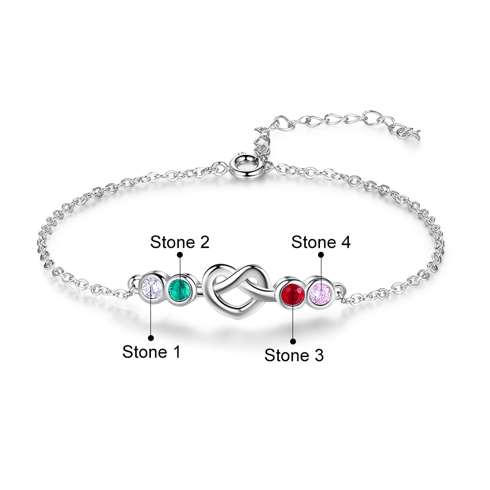 4 Birthstone Silver Heart Knot Mother's Bracelet - 4 Stone Mom Bracelet