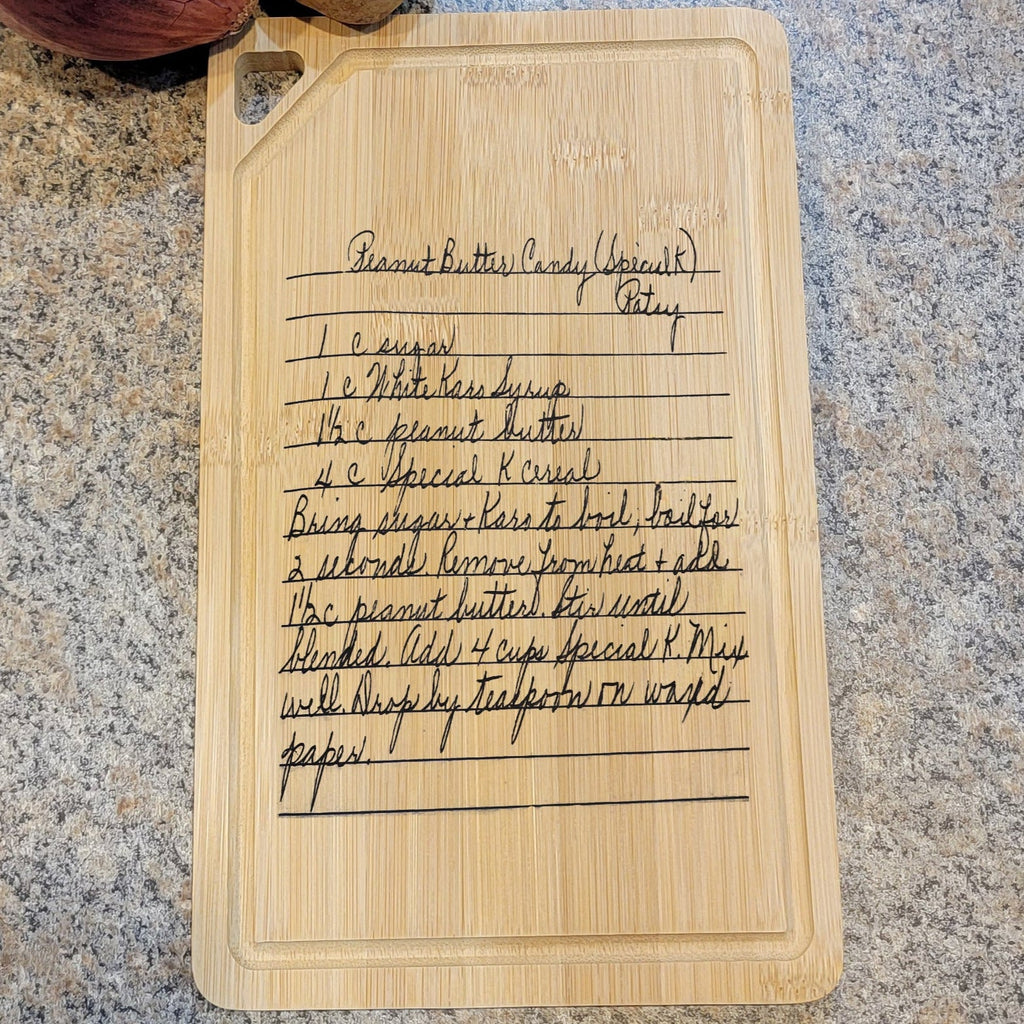 Engraved Handwriting Recipe Cutting Board with Wall Hanging Notch and Juice Groove