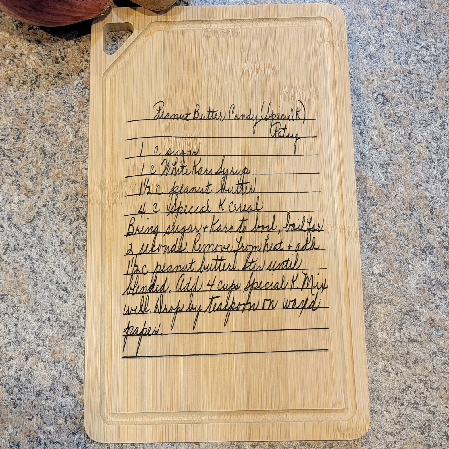 Engraved Handwriting Recipe Cutting Board with Wall Hanging Notch and Juice Groove