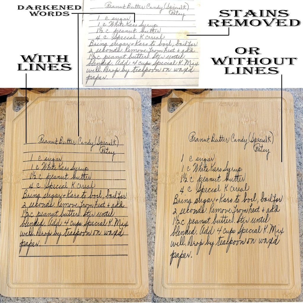 Engraved Handwriting Recipe Cutting Board with Wall Hanging Notch and Juice Groove