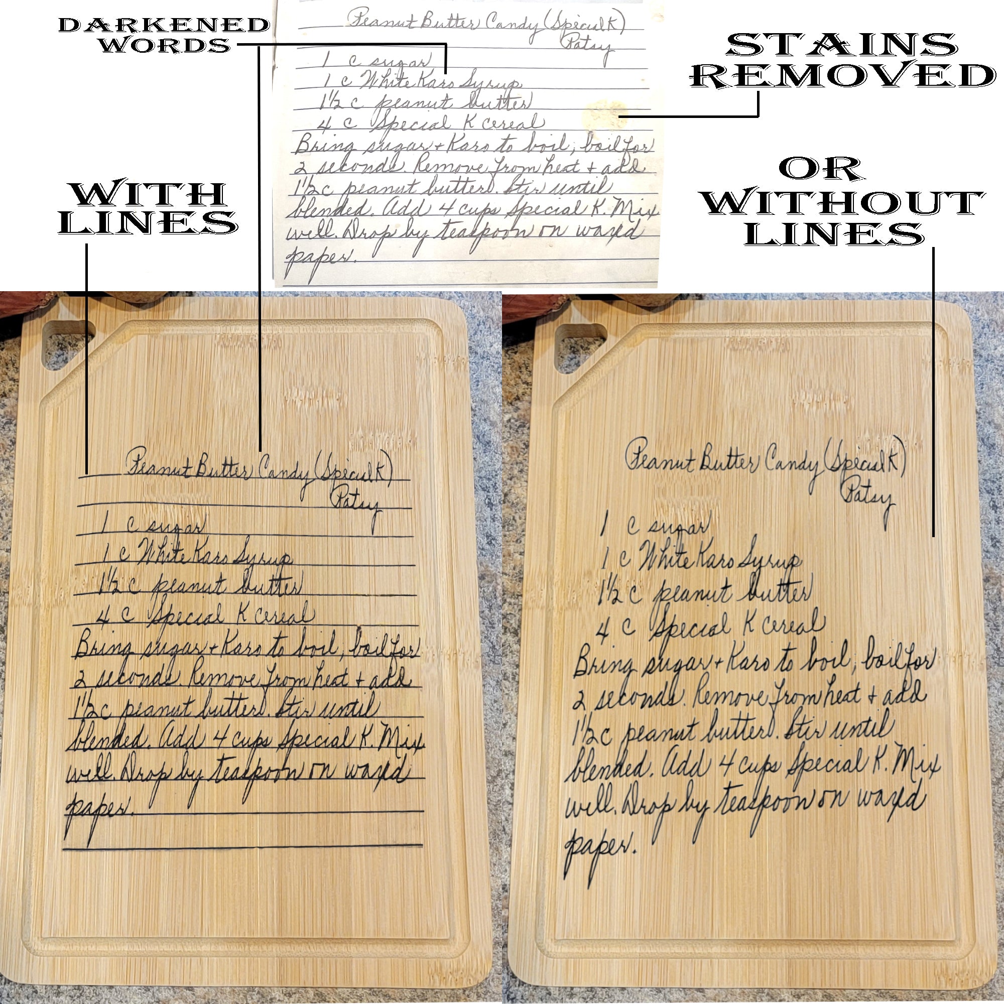 Engraved Handwriting Recipe Cutting Board with Wall Hanging Notch and Juice Groove