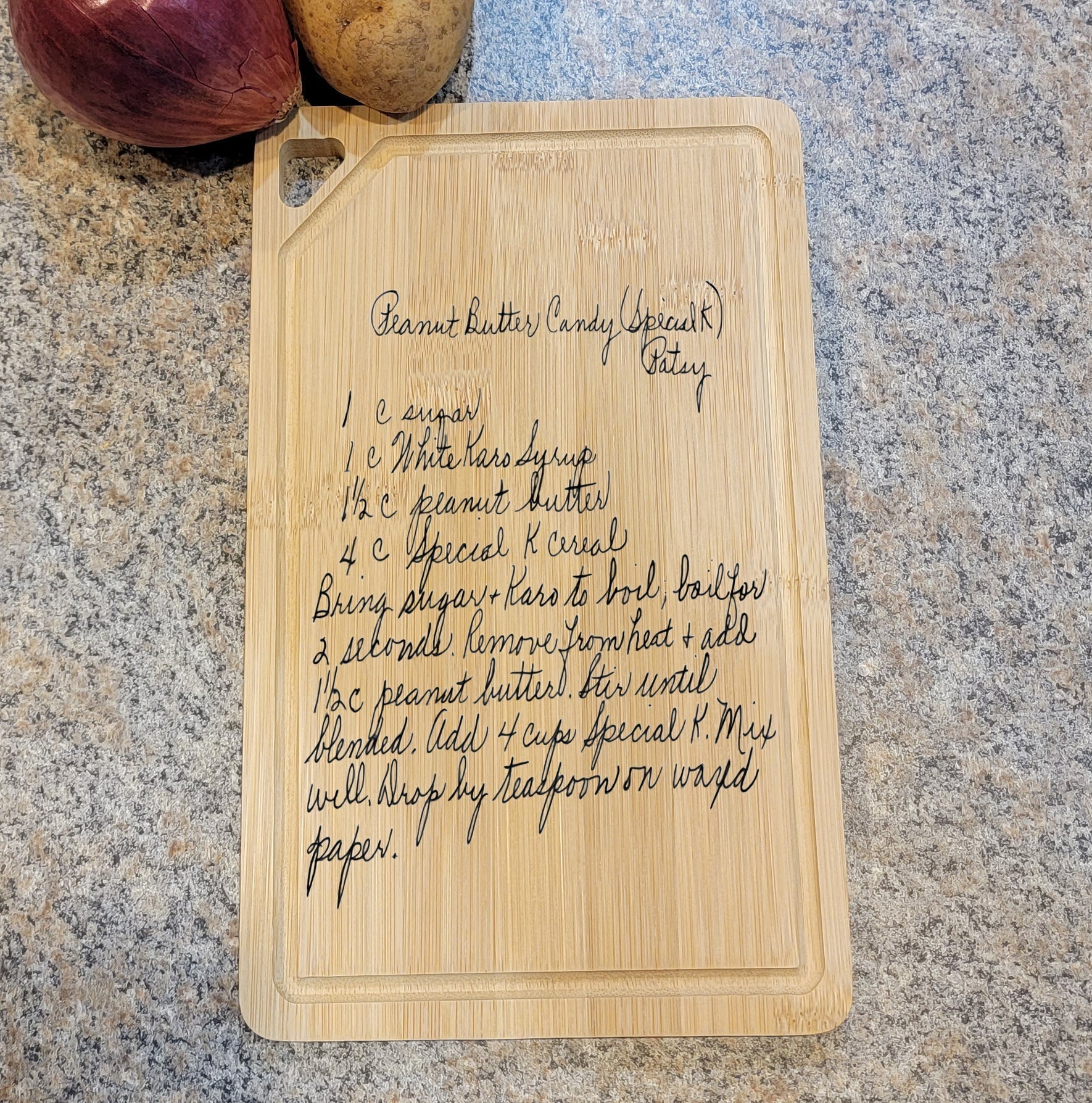 Engraved Handwriting Recipe Cutting Board with Wall Hanging Notch and Juice Groove
