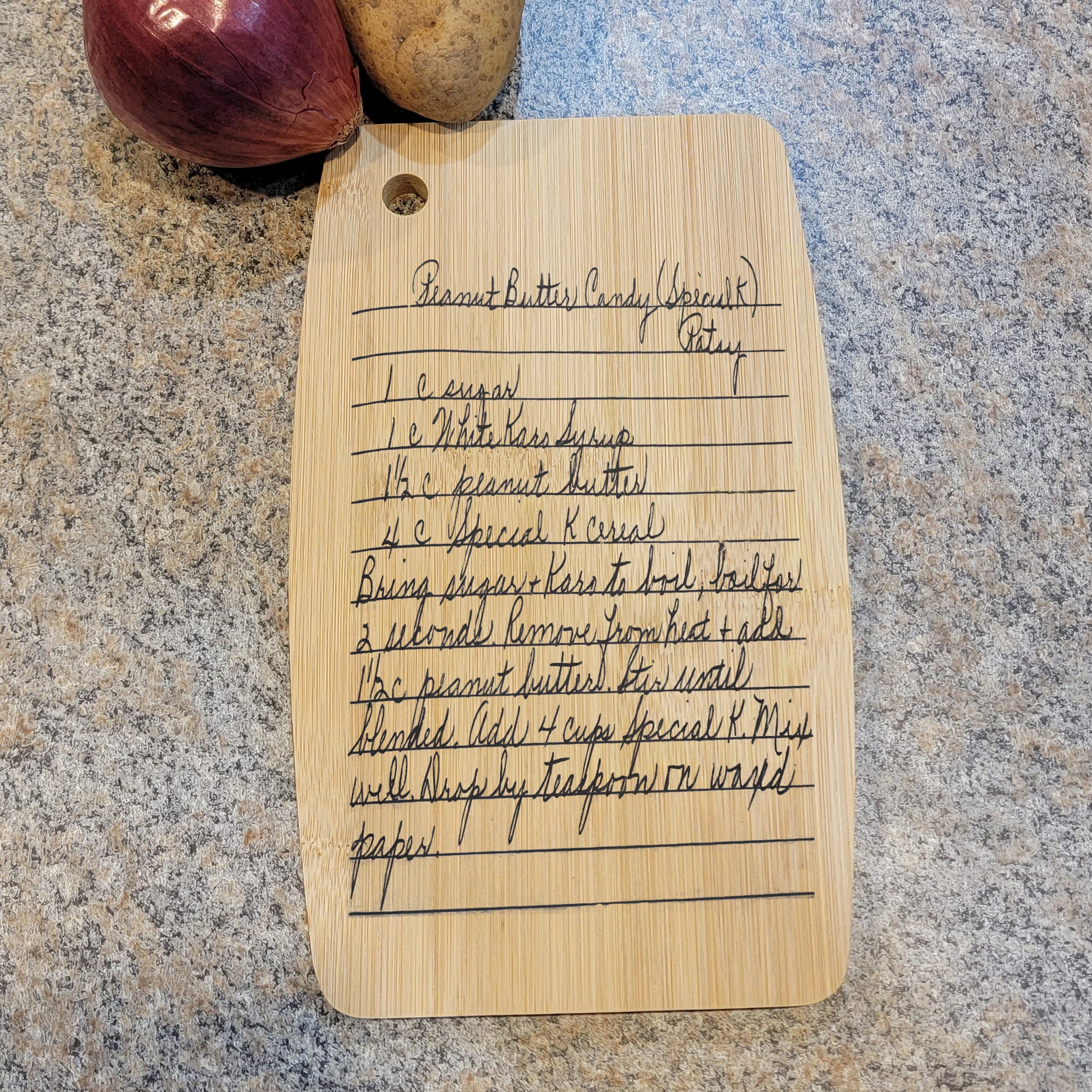 Engraved Handwriting Recipe Cutting Board with Wall Hanging Notch Semi-Oval