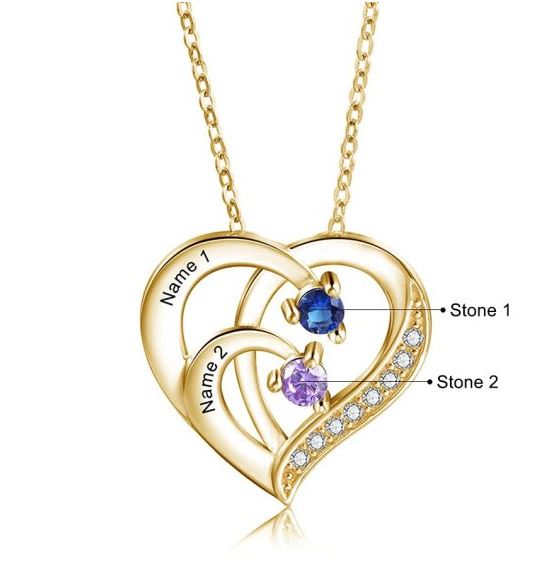 2 Birthstone Heart Name Necklace - Birthstone Heart Mother's Necklace