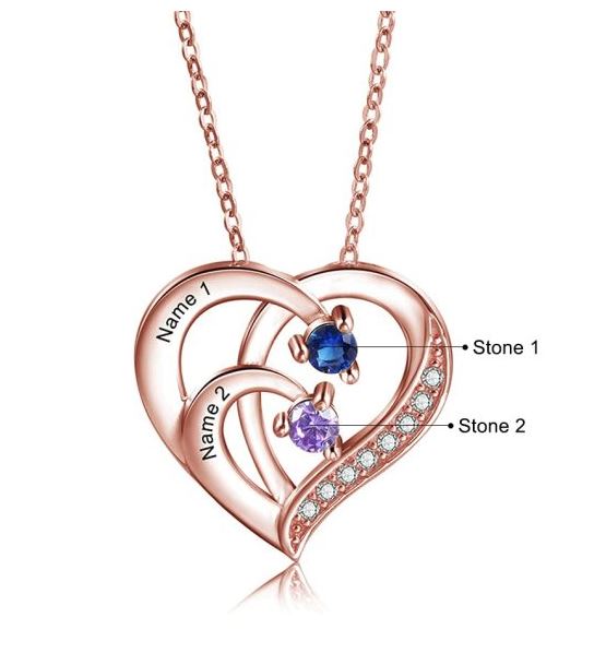 2 Birthstone Heart Name Necklace - Birthstone Heart Mother's Necklace
