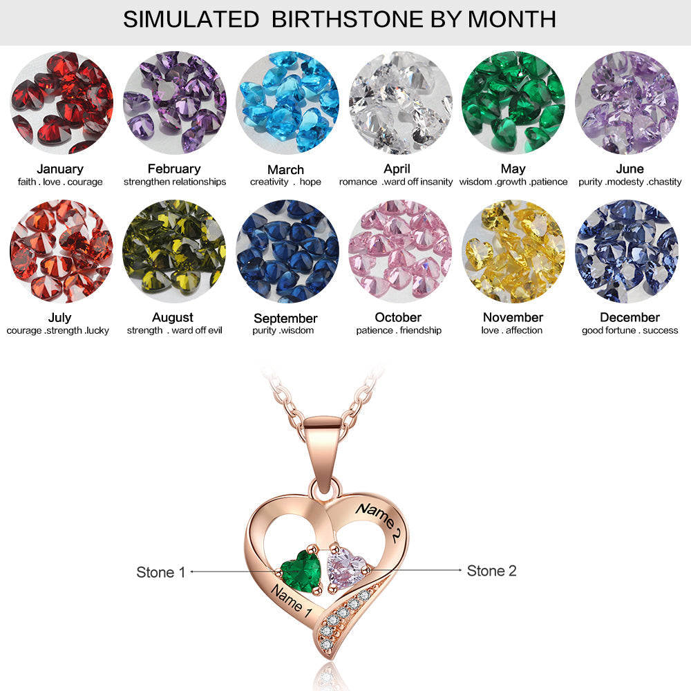 Personalized 2 Birthstone Mothers Necklace Joined Hearts 2 Names