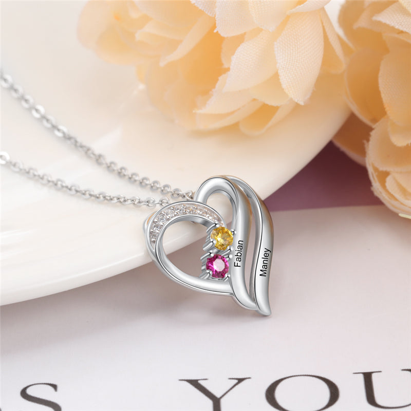 Custom 2 Birthstone Mother's Necklace 2 Engraved Names Sterling Silver