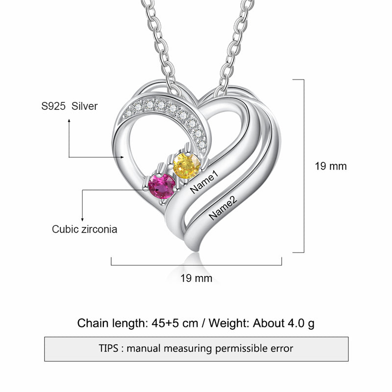 Custom 2 Birthstone Mother's Necklace 2 Engraved Names Sterling Silver