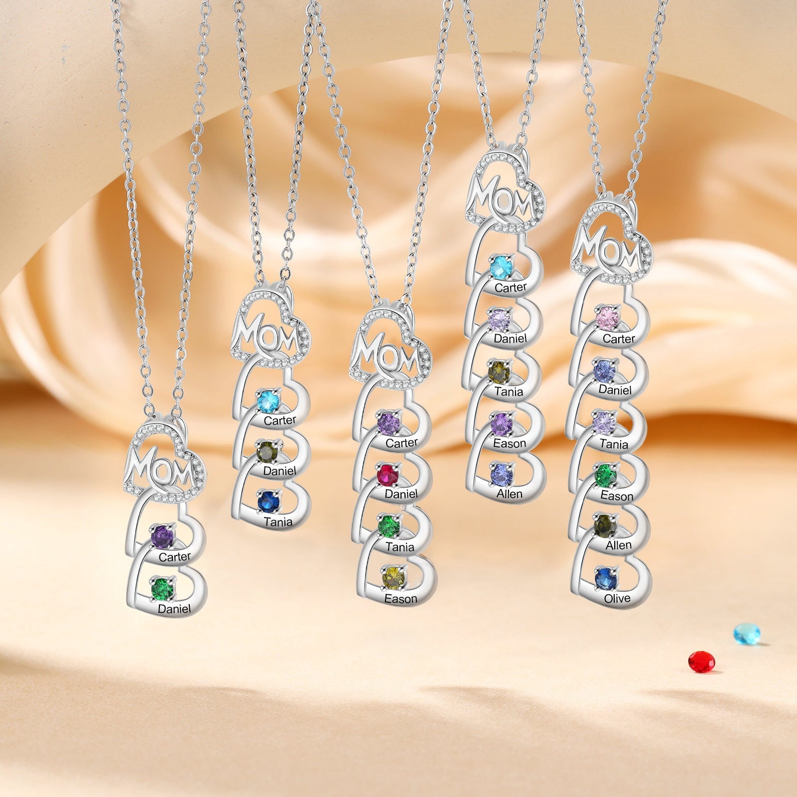 4 Mom's Hearts Mother's Necklace 4 Birthstones 4 Engraved Names
