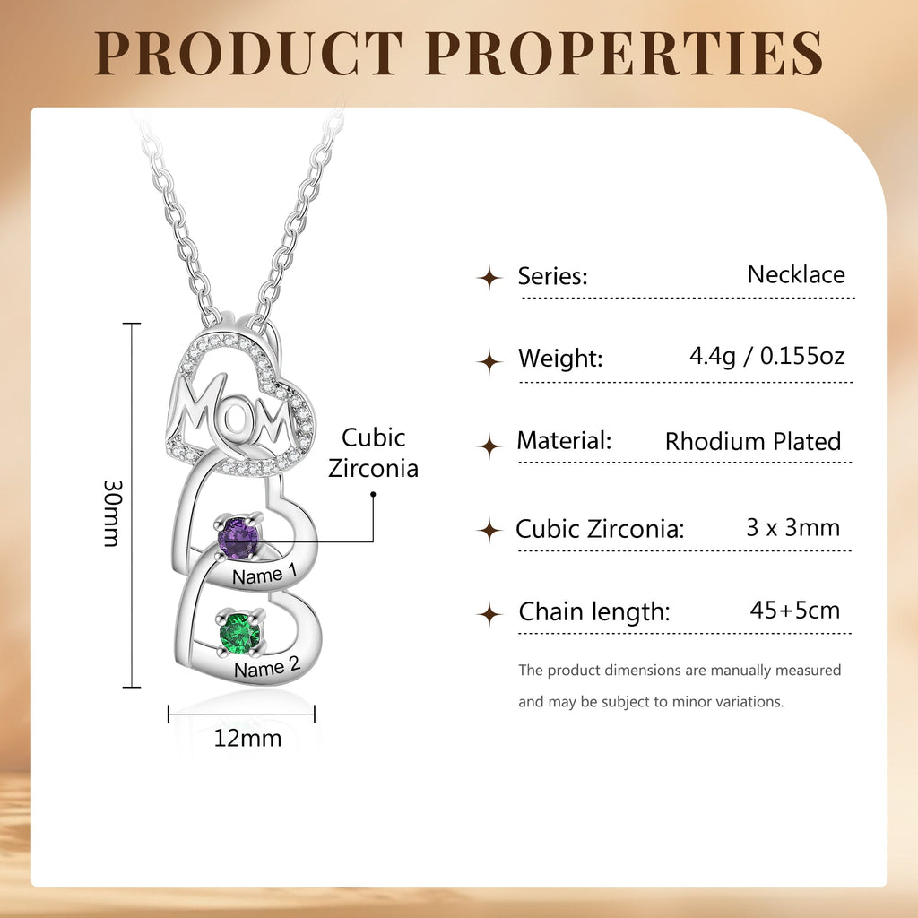 Engraved 2 Birthstone Mom's Heart Necklace: Name Necklace