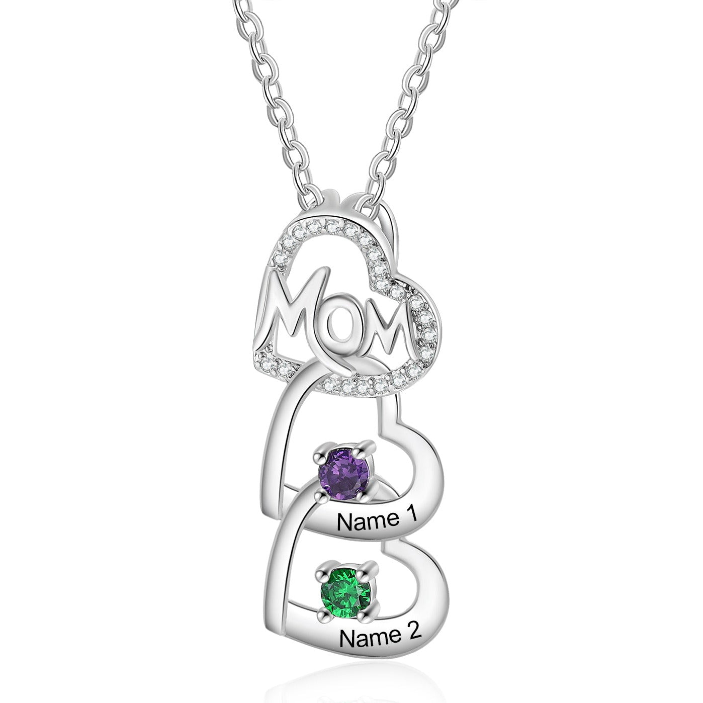 Engraved 2 Birthstone Mom's Heart Necklace: Name Necklace