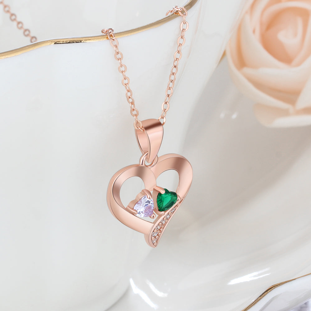 Personalized 2 Birthstone Mothers Necklace Joined Hearts 2 Names