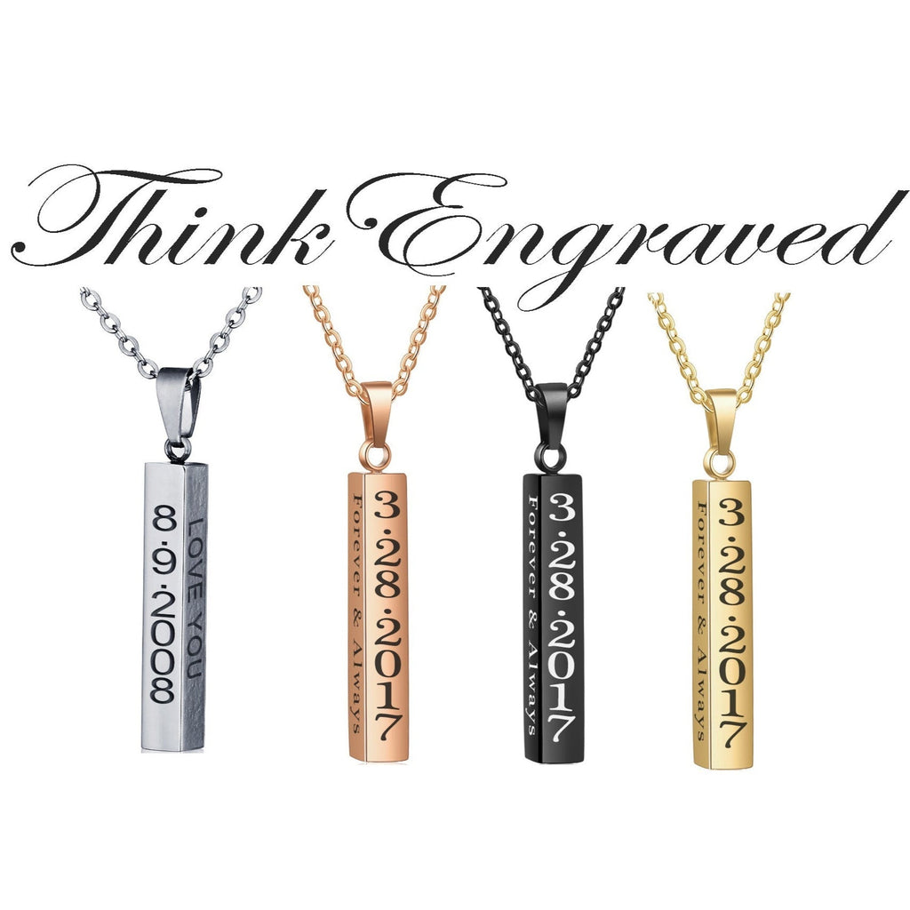 Personalized 4 Sided Bar Necklace - Engraved on 4 Sides - 4 Colors Available